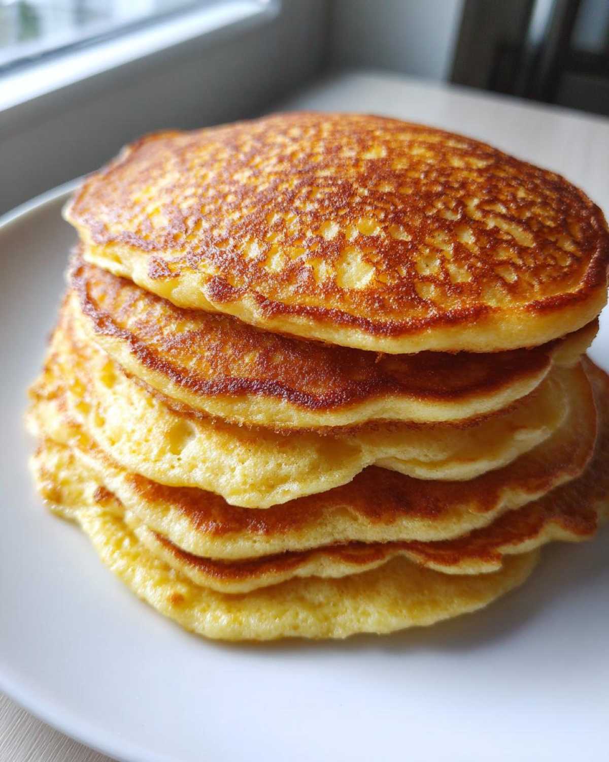 A tall stack of five golden-brown, fluffy coconut flour pancakes served on a white plate.