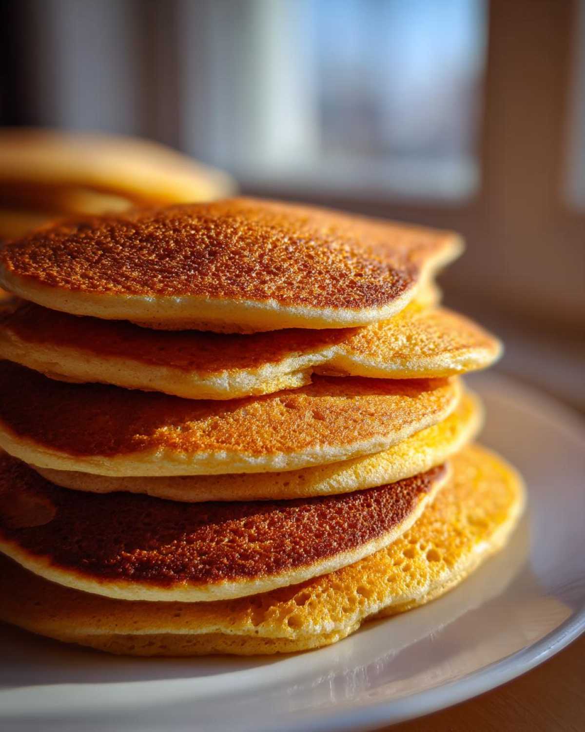 Close-up of a tall stack of fluffy coconut flour pancakes with golden-brown, textured tops.