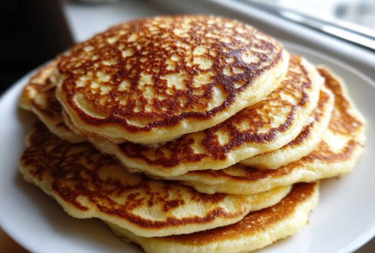 A tall stack of fluffy coconut flour pancakes with golden brown, lacy edges served on a white plate.