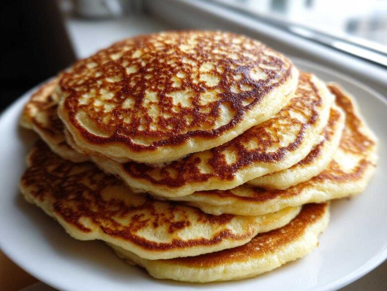 A tall stack of fluffy coconut flour pancakes with golden brown, lacy edges served on a white plate.