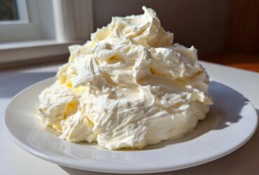 A large, fluffy mound of freshly whipped cream cheese frosting sitting on a white plate.