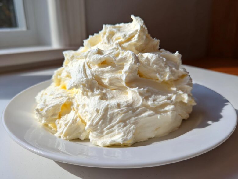 A large, fluffy mound of freshly whipped cream cheese frosting sitting on a white plate.