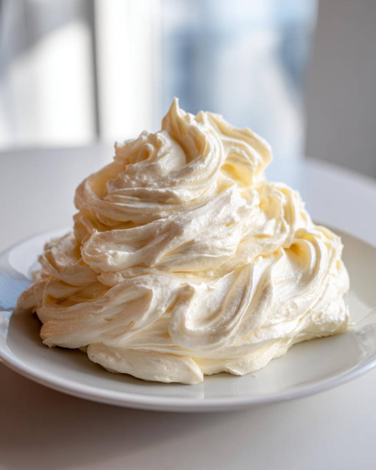 A generous mound of fluffy, perfectly piped cream cheese frosting sitting on a white plate.