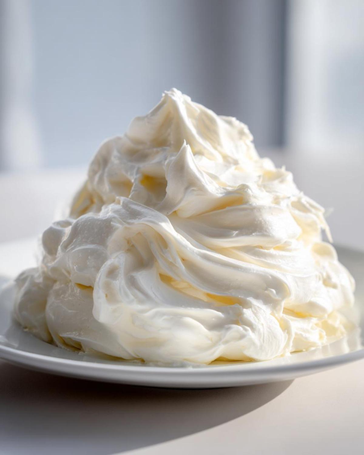 A mound of perfectly piped, fluffy white cream cheese frosting sitting on a white plate.