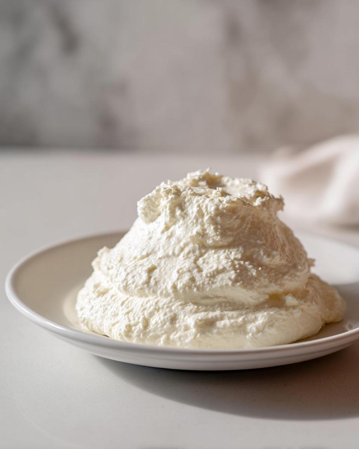 A large dollop of thick, fluffy creamy horseradish sauce piled high on a white plate.
