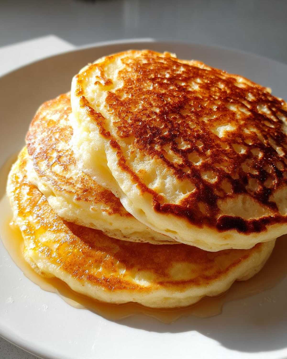 A close-up stack of three golden-brown greek yogurt pancakes drizzled with syrup on a white plate.
