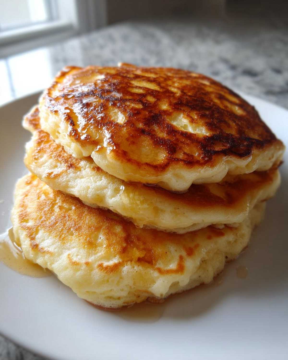 A close-up of a stack of three fluffy greek yogurt pancakes drizzled with syrup on a white plate.