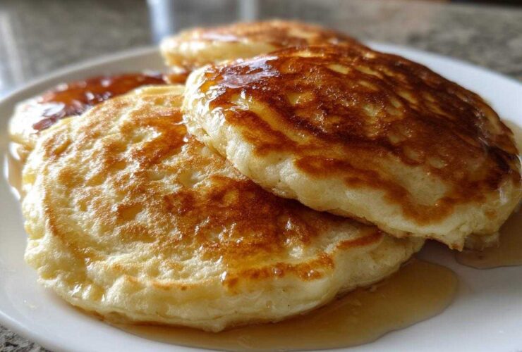 Close-up of fluffy greek yogurt pancakes stacked on a white plate, generously drizzled with syrup.