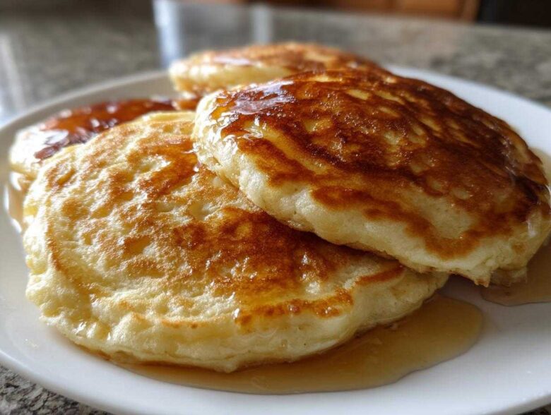 Close-up of fluffy greek yogurt pancakes stacked on a white plate, generously drizzled with syrup.