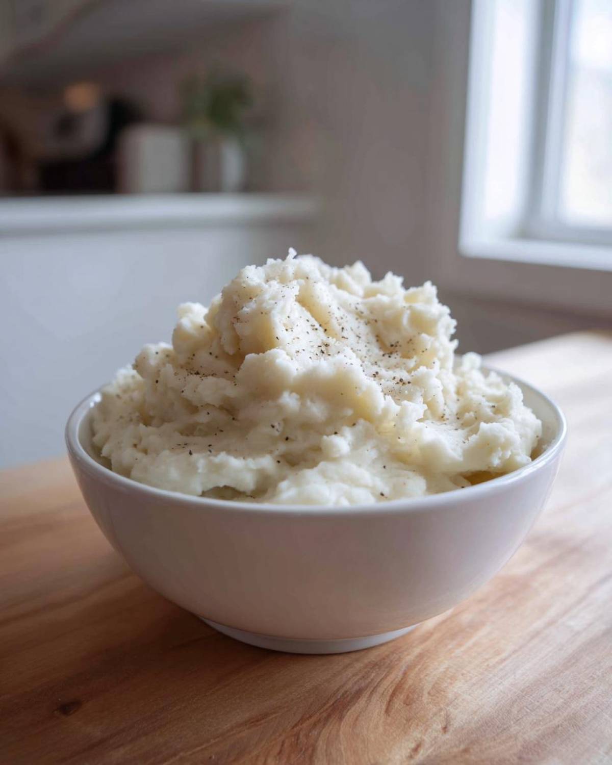 A white bowl overflowing with creamy, fluffy mashed potatoes topped with freshly ground black pepper.