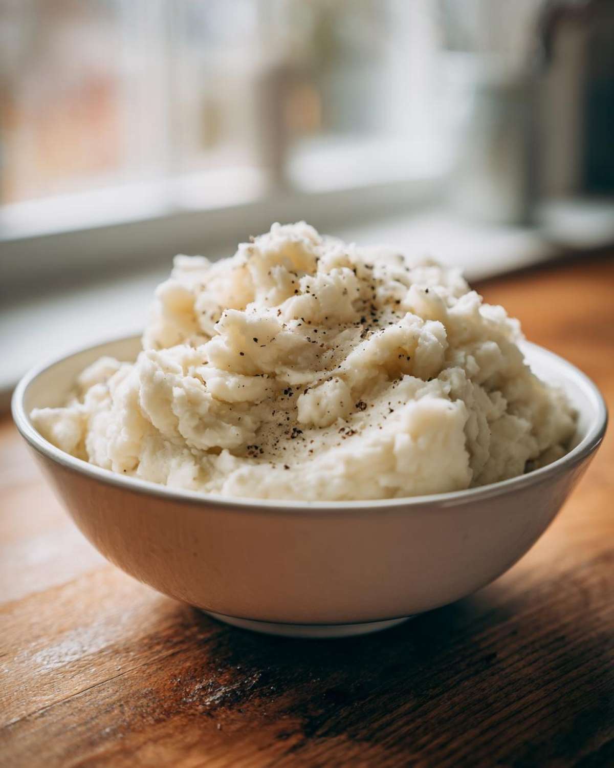 A white bowl filled with fluffy, creamy mashed potatoes, seasoned generously with black pepper.