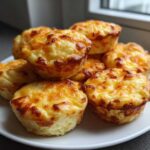 A stack of fluffy muffin tin egg bites topped with melted, browned cheese on a white plate.