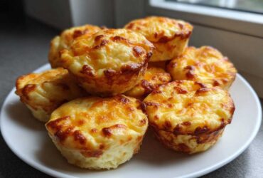 A stack of fluffy muffin tin egg bites topped with melted, browned cheese on a white plate.