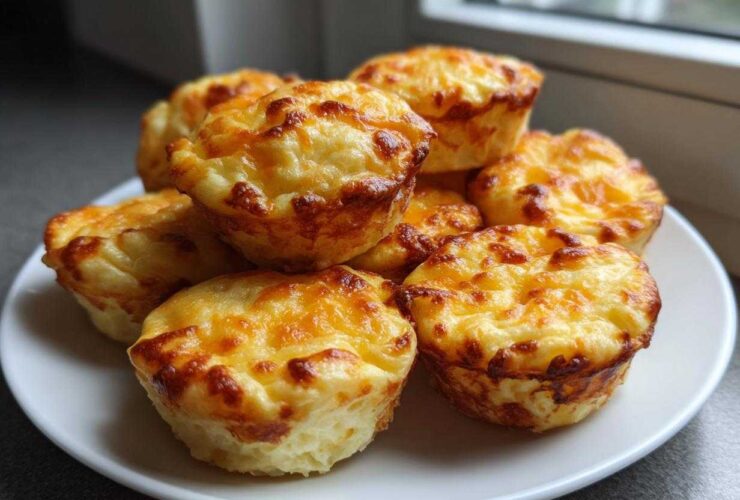 A stack of fluffy muffin tin egg bites topped with melted, browned cheese on a white plate.