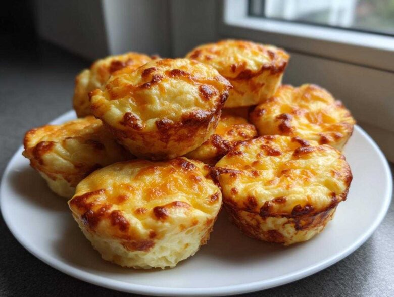A stack of fluffy muffin tin egg bites topped with melted, browned cheese on a white plate.