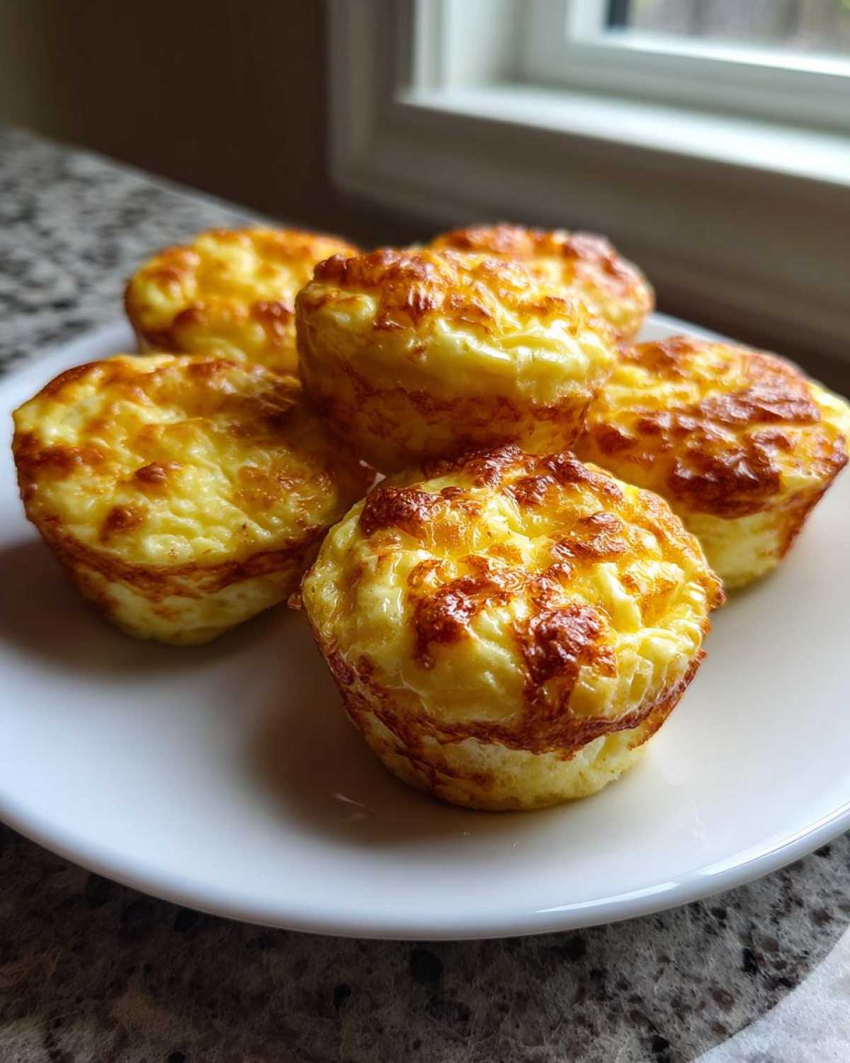 Five fluffy muffin tin egg bites with golden brown tops stacked on a white plate near a window.