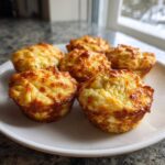 Five golden-brown, fluffy muffin tin egg bites arranged on a white plate near a window.