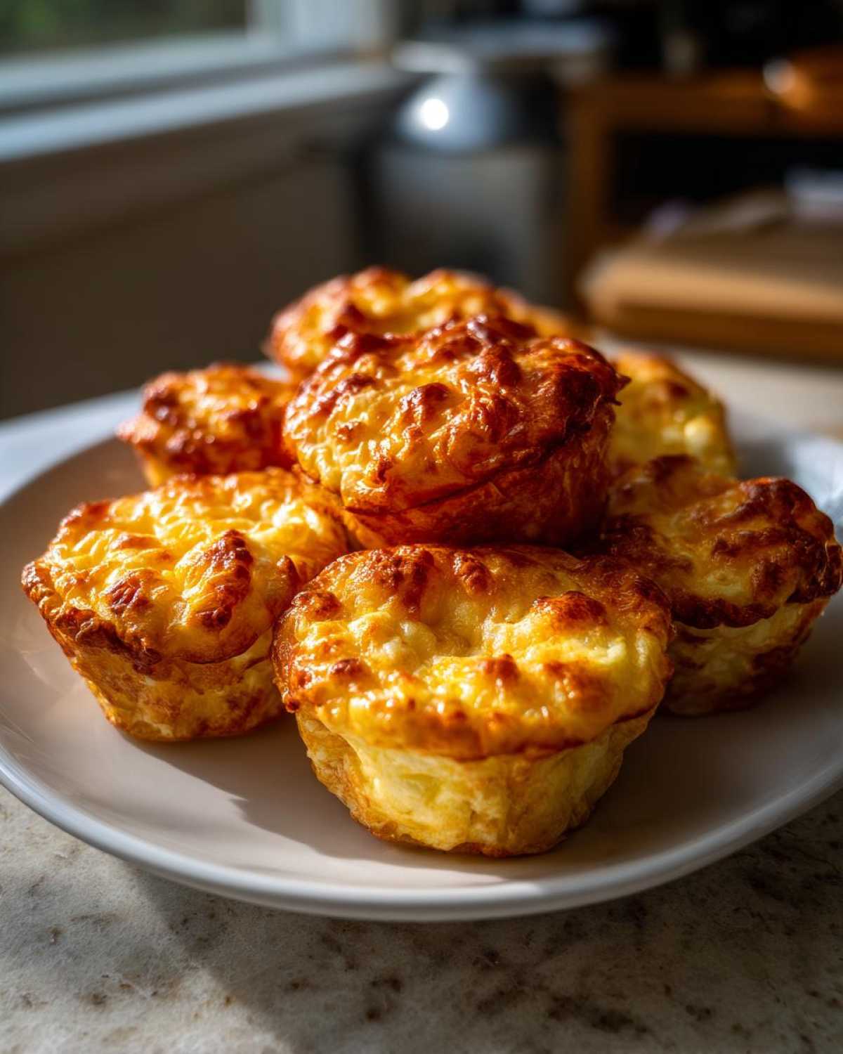 A stack of golden brown, fluffy muffin tin egg bites resting on a white plate near a window.