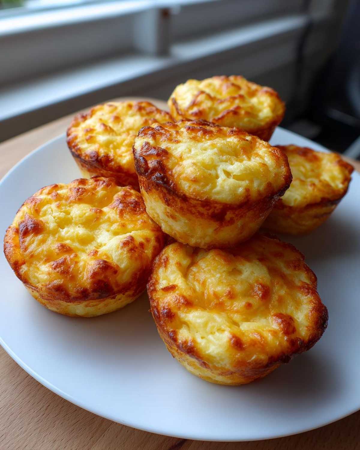 A stack of five golden-brown, fluffy muffin tin egg bites served on a white plate.