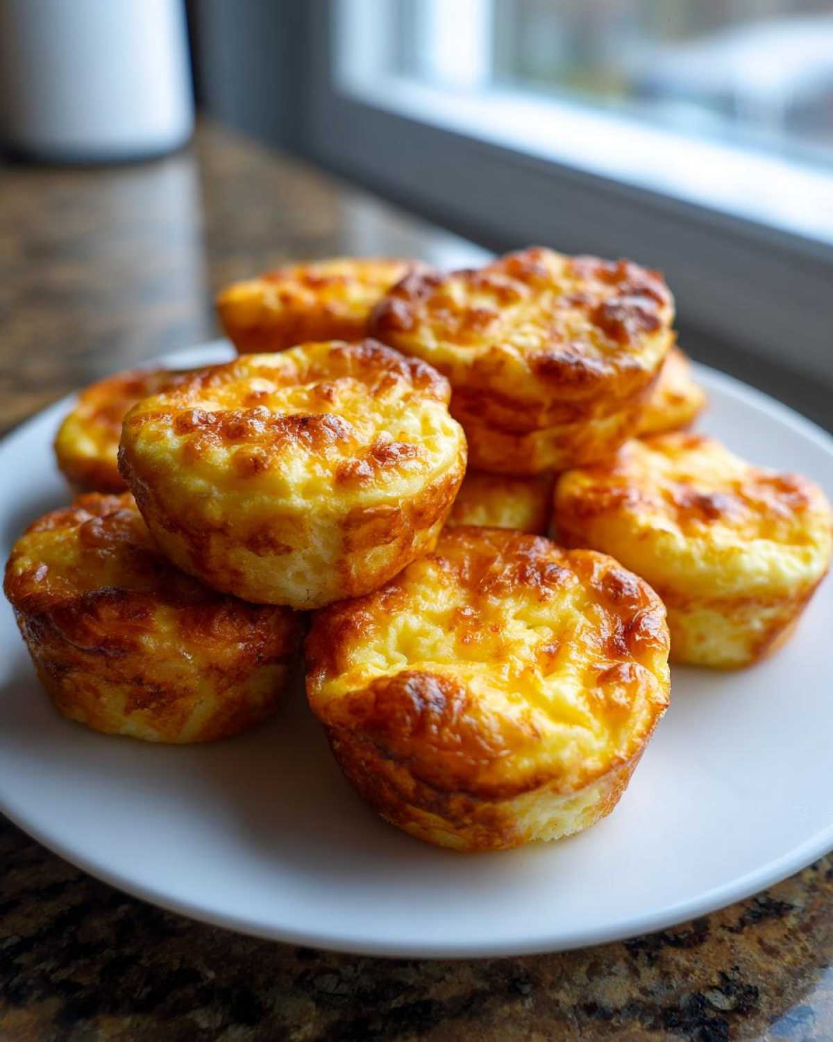A stack of golden brown, fluffy muffin tin egg bites piled high on a white plate near a window.