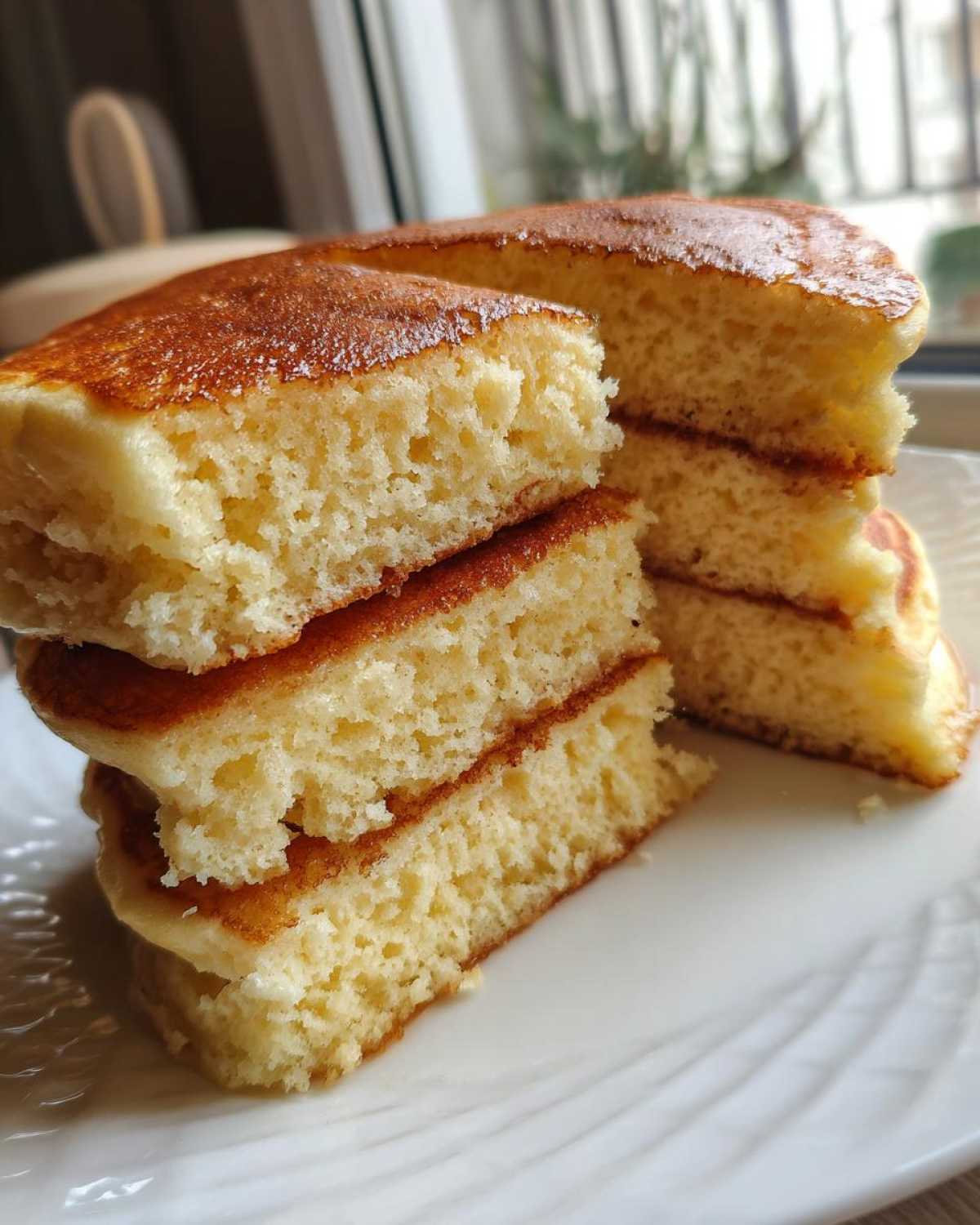 Close-up of thick, fluffy pancakes cut in half showing the airy interior texture.