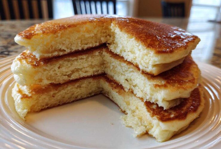 Close-up of a stack of four incredibly fluffy pancakes cut to show the airy interior.