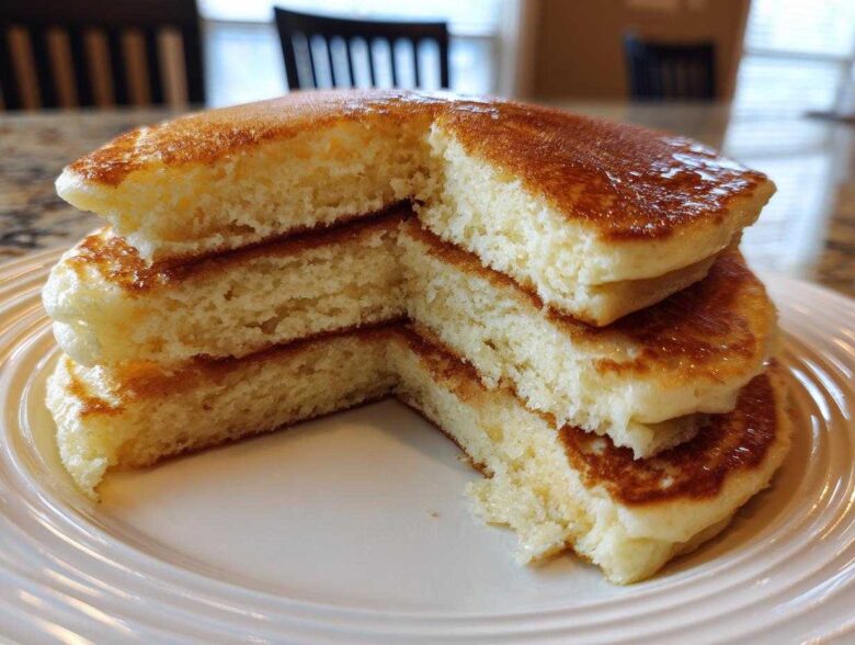 Close-up of a stack of four incredibly fluffy pancakes cut to show the airy interior.