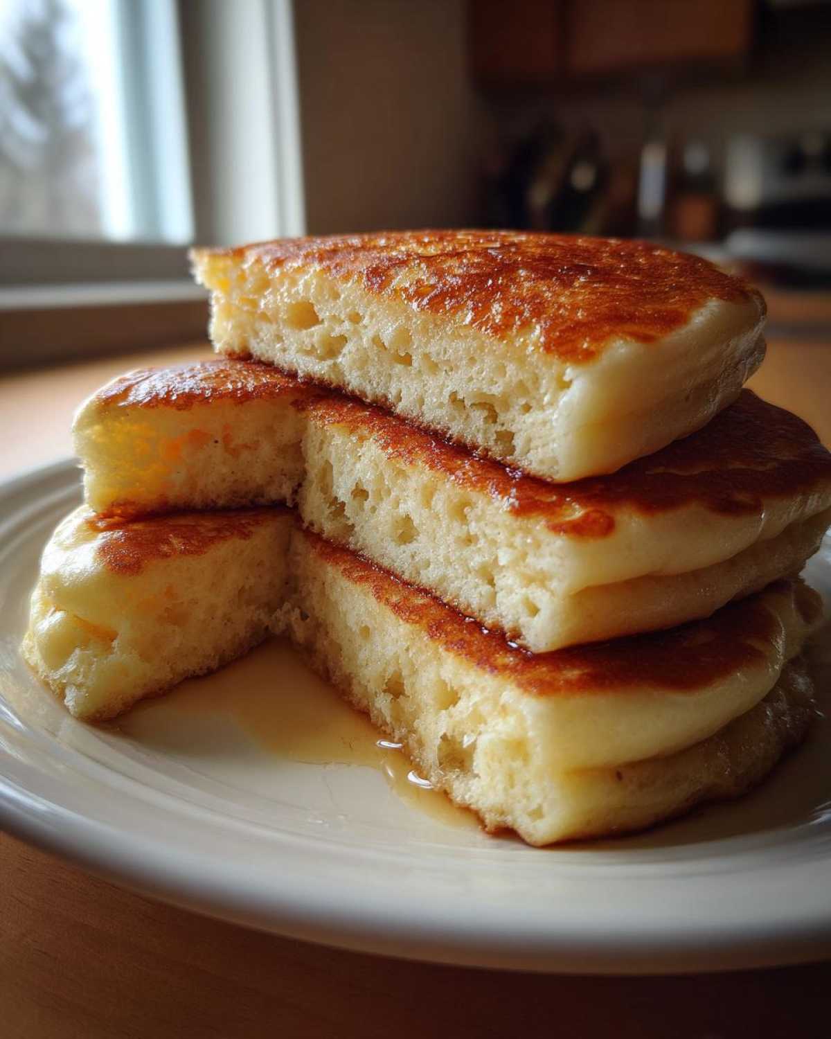 Close-up of thick, fluffy pancakes cut open to show the airy interior, drizzled with syrup.