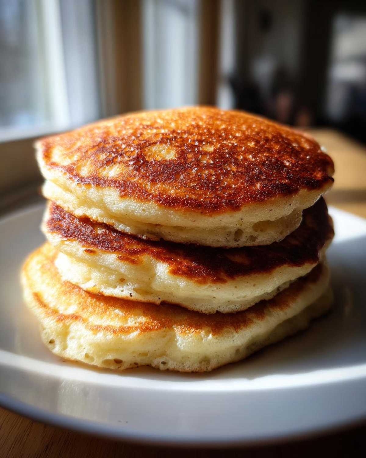A vertical stack of three golden brown fluffy pancakes sitting on a white plate, backlit by sunlight.