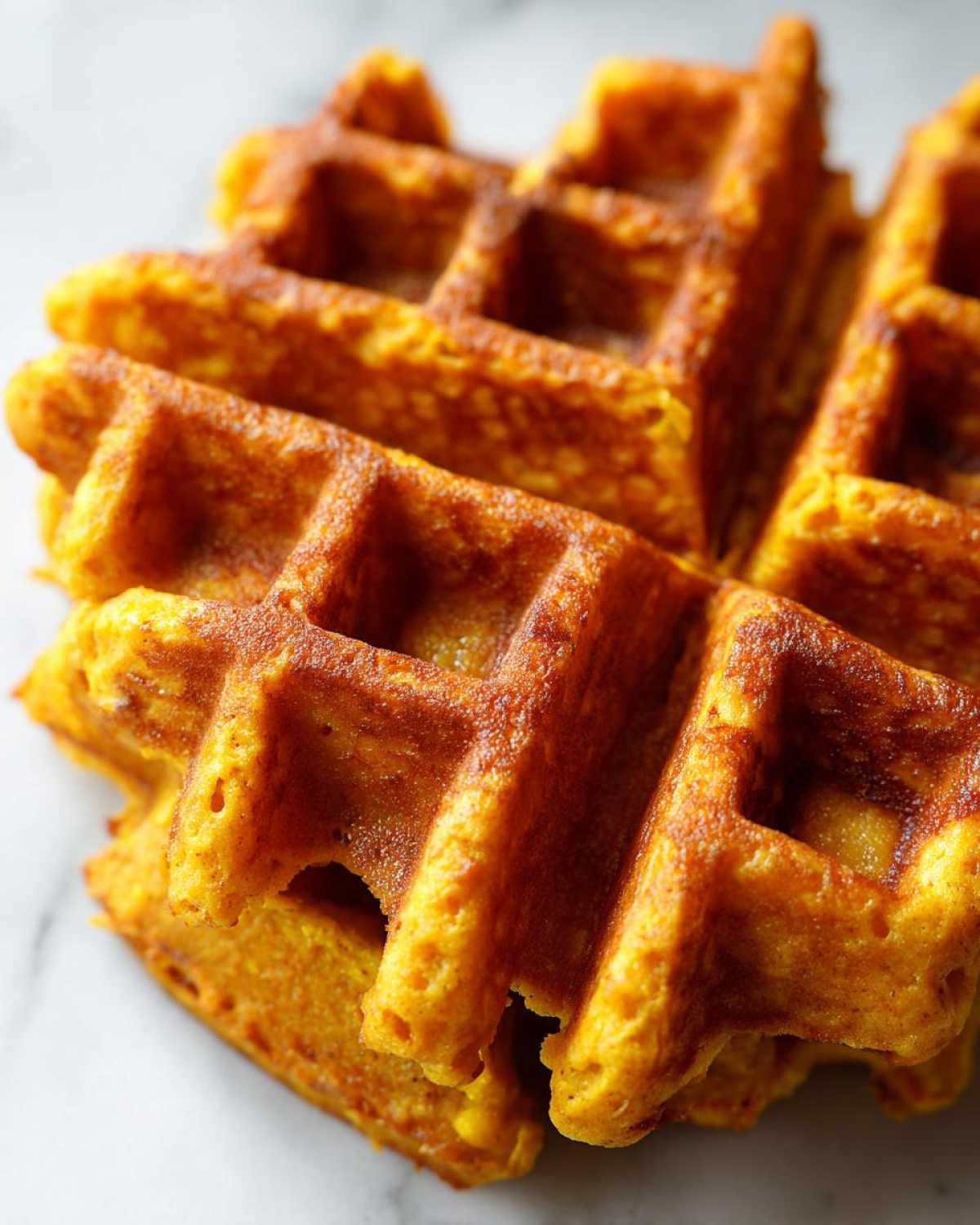 Close-up, macro shot of two stacked, golden-brown, fluffy pumpkin waffles resting on a white marble surface.