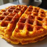 Close-up of a perfectly cooked, golden-brown pumpkin waffle sitting on a white plate.