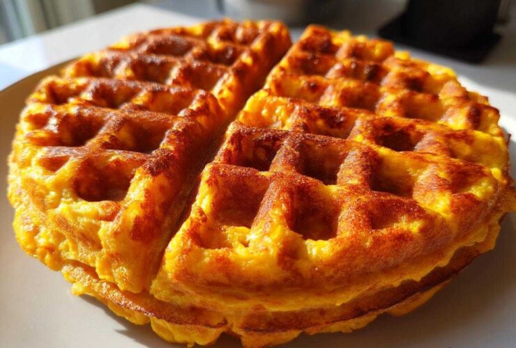 Close-up of a perfectly cooked, golden-brown pumpkin waffle sitting on a white plate.