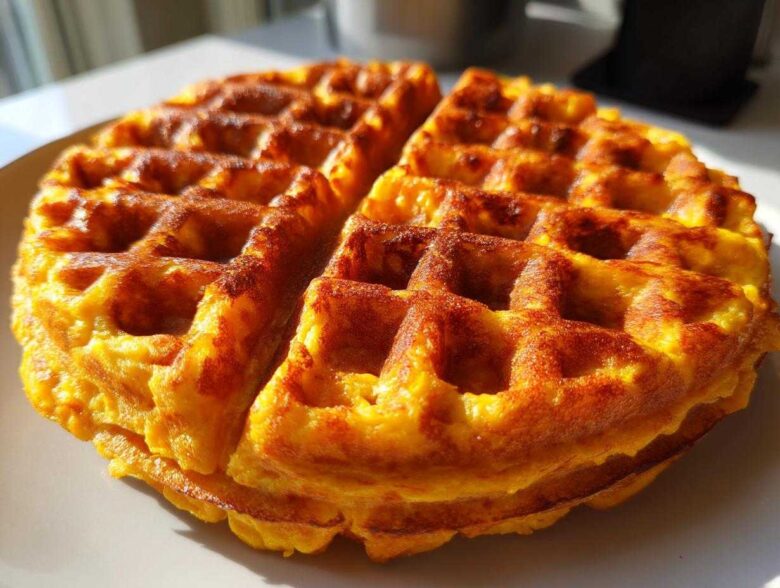Close-up of a perfectly cooked, golden-brown pumpkin waffle sitting on a white plate.