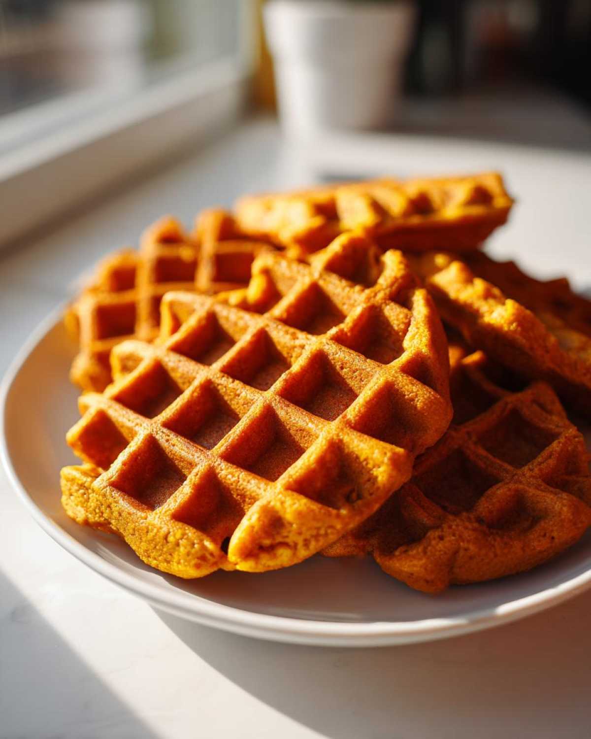 A close-up of several golden-orange pumpkin waffles stacked on a white plate near a sunlit window.