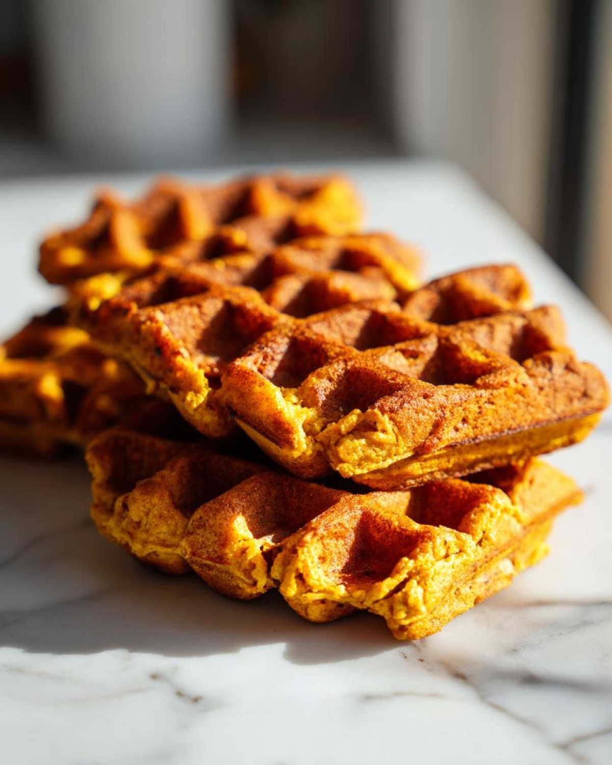 A close-up stack of golden brown, fluffy pumpkin waffles resting on a white marble surface.