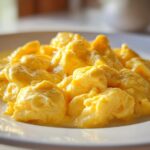 Close-up of incredibly fluffy and creamy scrambled eggs served on a white plate.