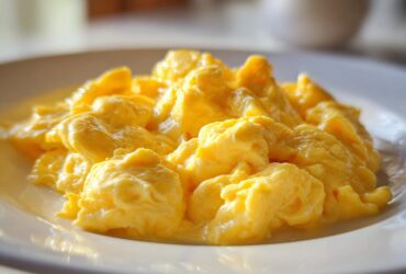 Close-up of incredibly fluffy and creamy scrambled eggs served on a white plate.