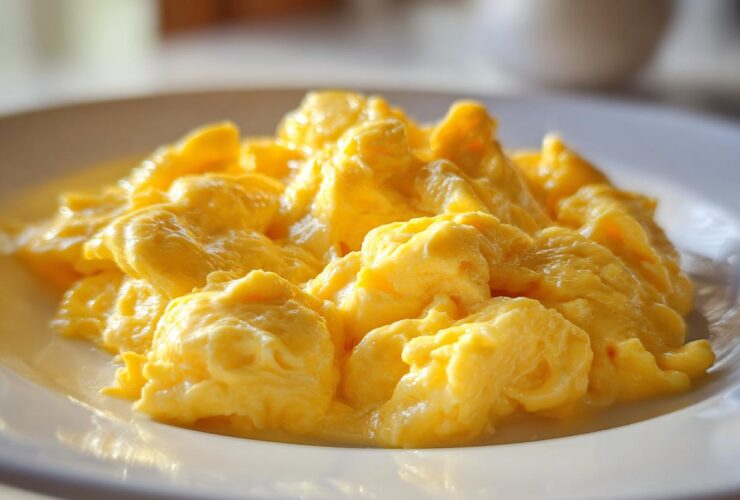 Close-up of incredibly fluffy and creamy scrambled eggs served on a white plate.