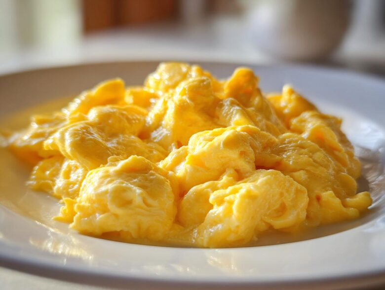 Close-up of incredibly fluffy and creamy scrambled eggs served on a white plate.