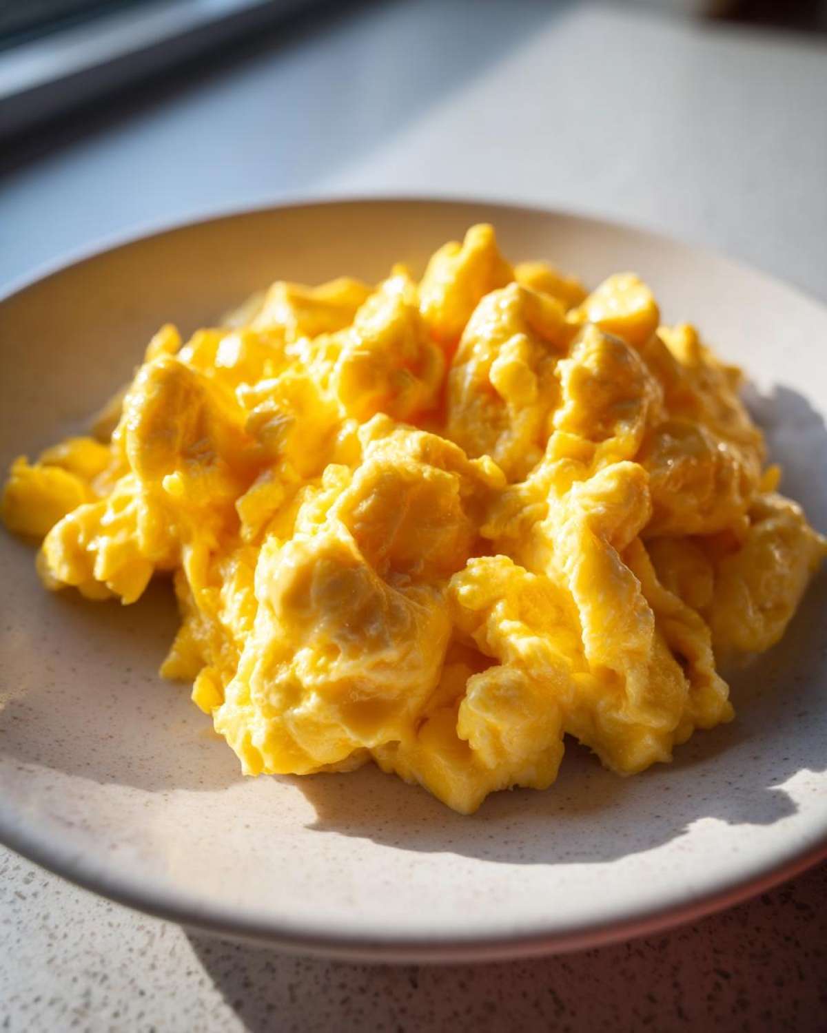Close-up of bright yellow, fluffy scrambled eggs served on a speckled ceramic plate.