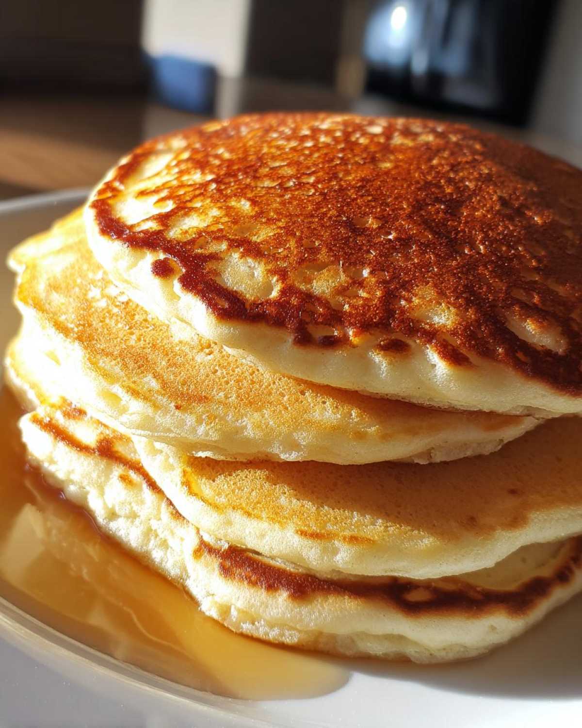 Close-up of a tall stack of golden brown sourdough pancakes drizzled with syrup.
