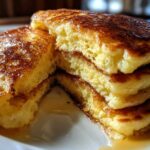 Close-up of a stack of thick, fluffy sourdough pancakes dripping with golden syrup.