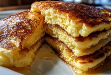 Close-up of a stack of thick, fluffy sourdough pancakes dripping with golden syrup.