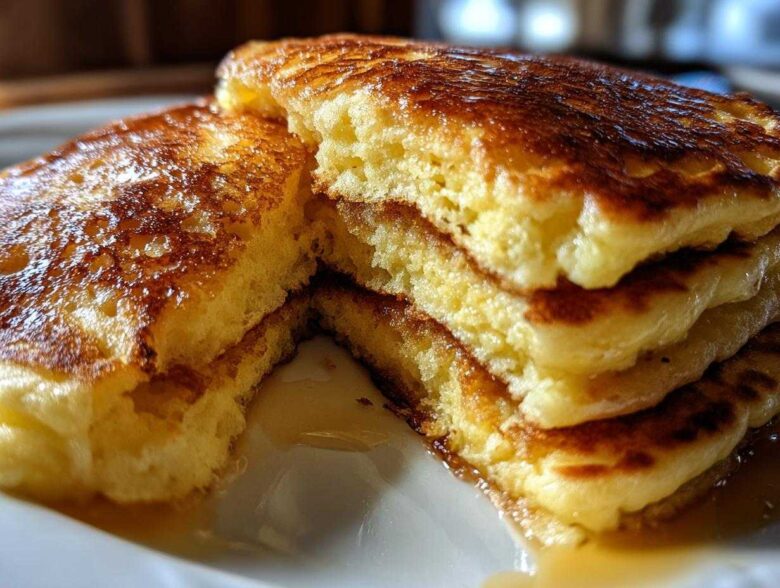 Close-up of a stack of thick, fluffy sourdough pancakes dripping with golden syrup.