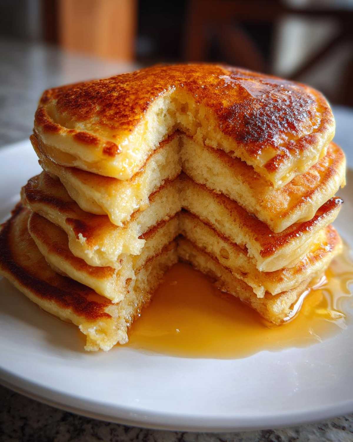 A tall stack of fluffy sourdough pancakes with a piece removed, drizzled generously with maple syrup.
