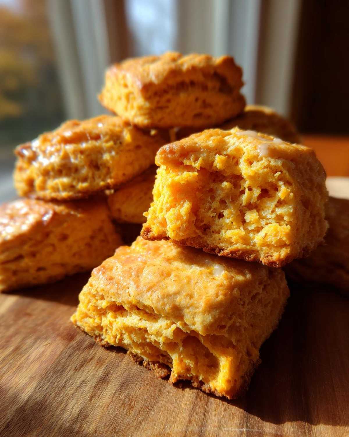 Close-up of a stack of fluffy, orange sweet potato biscuits on a wooden board, showing the flaky interior.