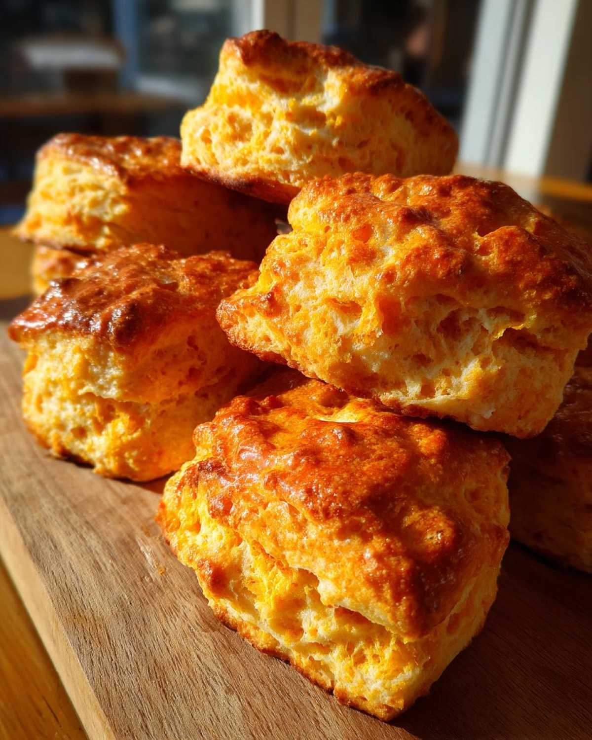 A stack of freshly baked, fluffy sweet potato biscuits with a deep golden-brown, shiny top.