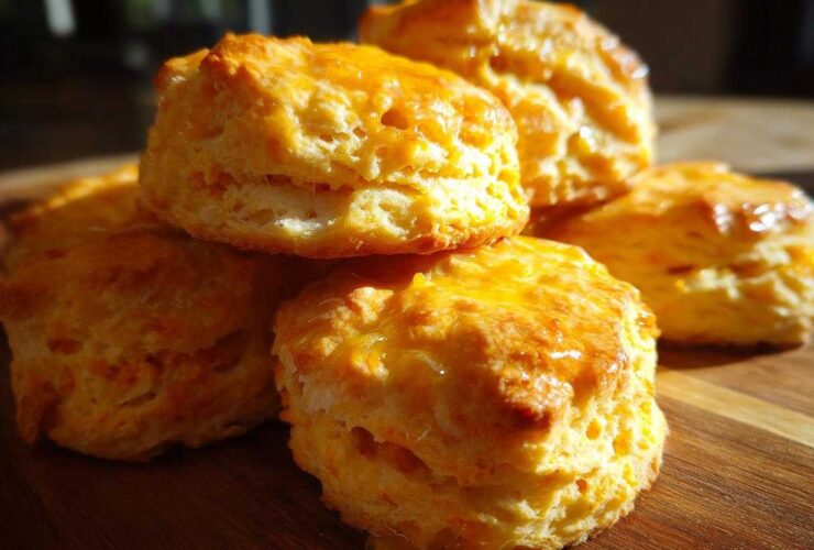 A stack of fluffy sweet potato biscuits with a shiny glaze, sitting on a wooden cutting board.