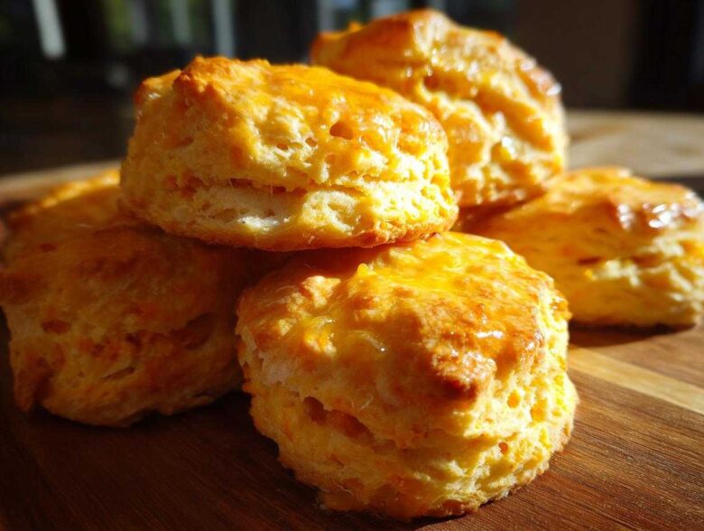 A stack of fluffy sweet potato biscuits with a shiny glaze, sitting on a wooden cutting board.