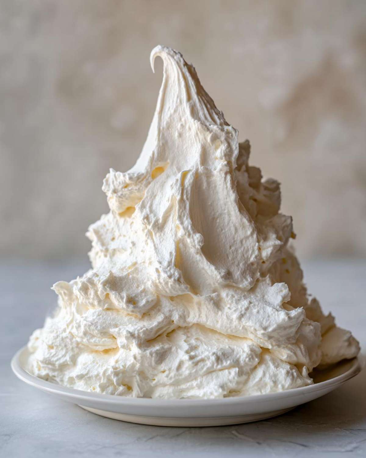 A large, fluffy mound of perfectly piped vanilla buttercream frosting sitting on a white plate.